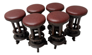 Vintage Art Deco Amsterdamse School Stools with Leather Tops, 1920s, Set of 6