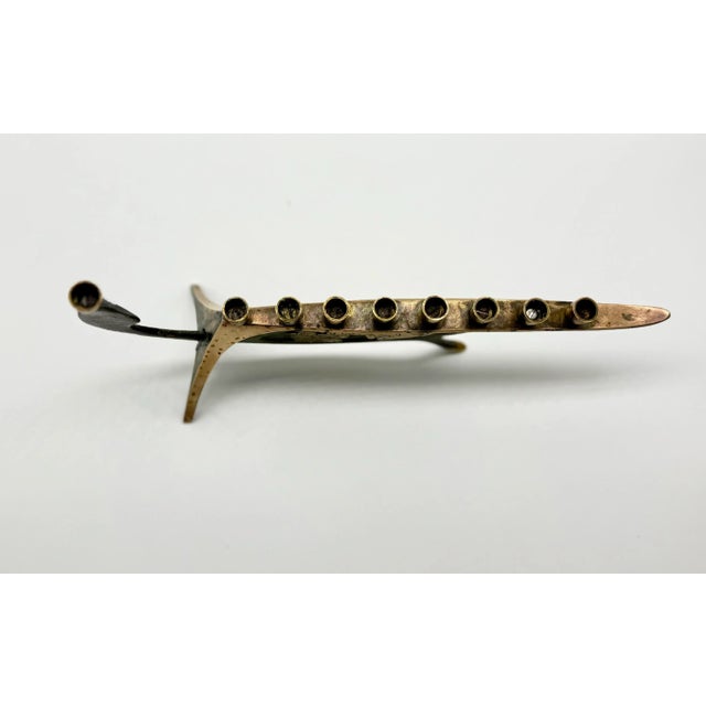 1960s 1960s Mid-Century Brass Boat Menorah With Damascene Etching | Vintage Judaica Art Sculpture For Sale - Image 5 of 12