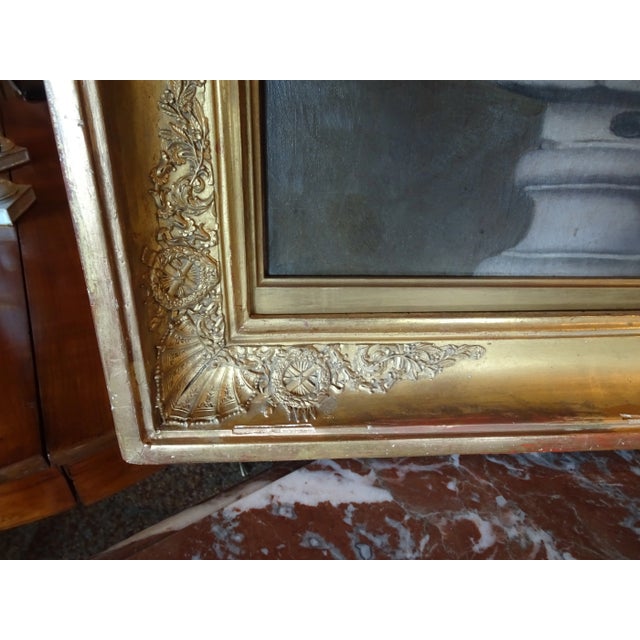 19th Century French oil on canvas of a neo -classical bust in monochrome colors. Portrait of a Greek woman. Gilt wood...