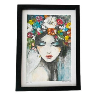 Hand-Painted Portrait Flower Fairy with Black Frame For Sale