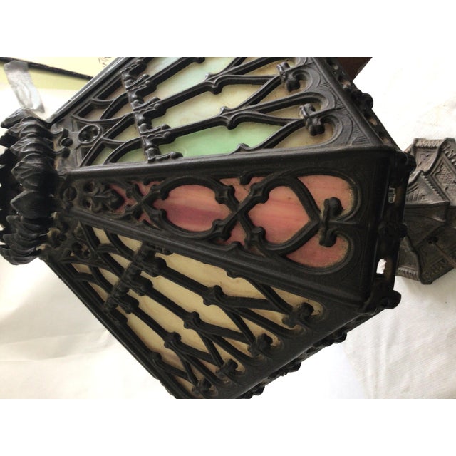 1920a Ornate Iron Leaded Glass Table Lamp For Sale - Image 11 of 11