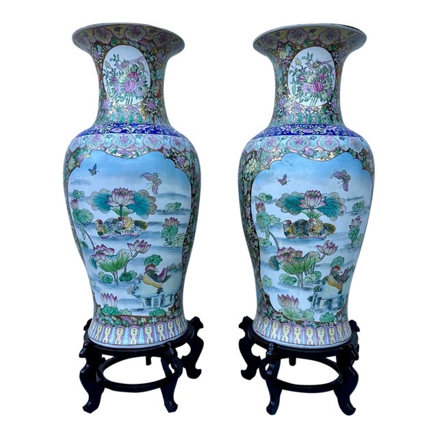 1930s Pair of Monumental Chinese Famille Rose Canton Gold Gilt Palace Vases For Sale