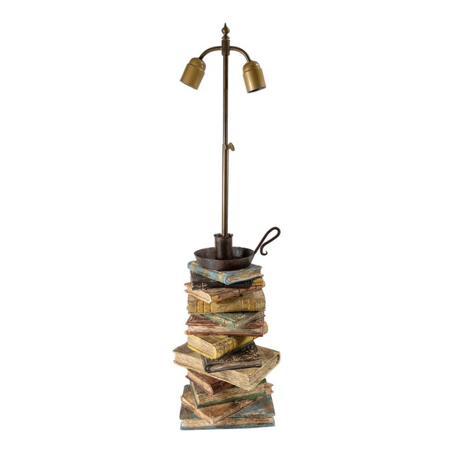 Mid-Century Carved Wood Book Stack Table Lamp For Sale
