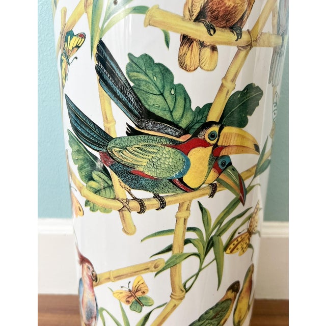 Vintage Tropical Birds & Butterflies Ceramic Umbrella Stand – Hollywood Regency / Chinoiserie For Sale In Houston - Image 6 of 14