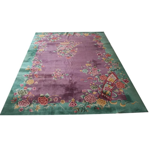 Rectangle Purple 1920s Antique Room Size Chinese Wool - Art Deco Knotted Rug, Circa Date: 1920s. This exceptional piece is...