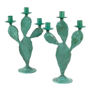 Vintage 1990s Pair of (2) Turquoise Prickly Pear Cactus Candelabras Metal Candle Stick Holders For Sale