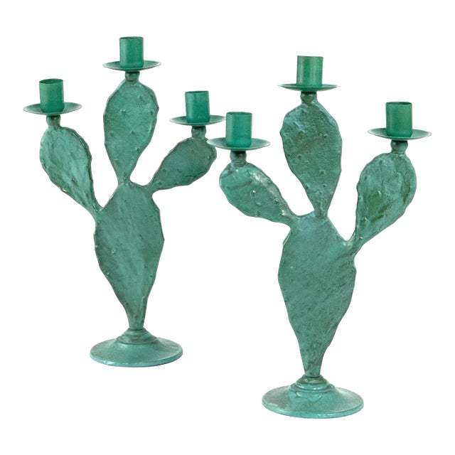 Vintage 1990s Pair of (2) Turquoise Prickly Pear Cactus Candelabras Metal Candle Stick Holders For Sale