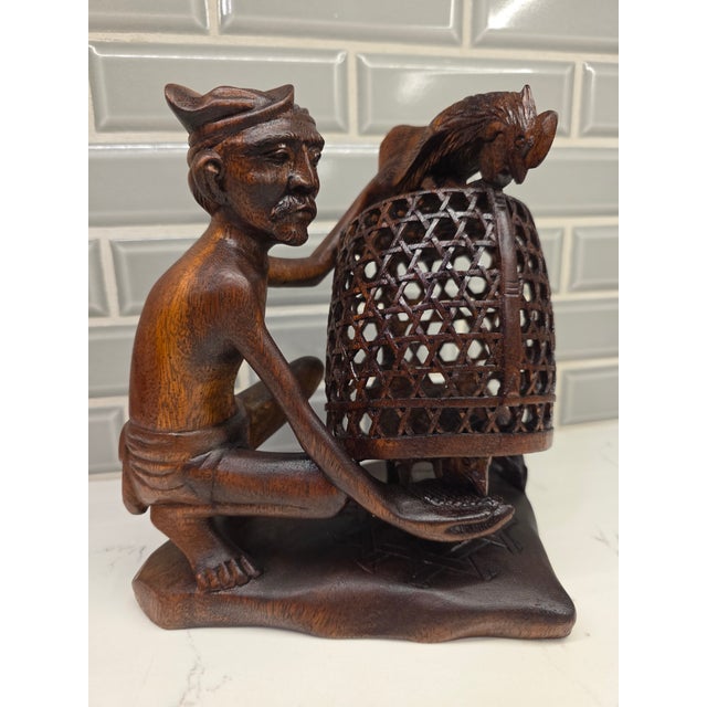 Wood Large 8.5" Mid-Century Balinese Teak Cockfighter With Tripple-Rooster Openwork Cage Masterwork For Sale - Image 7 of 12