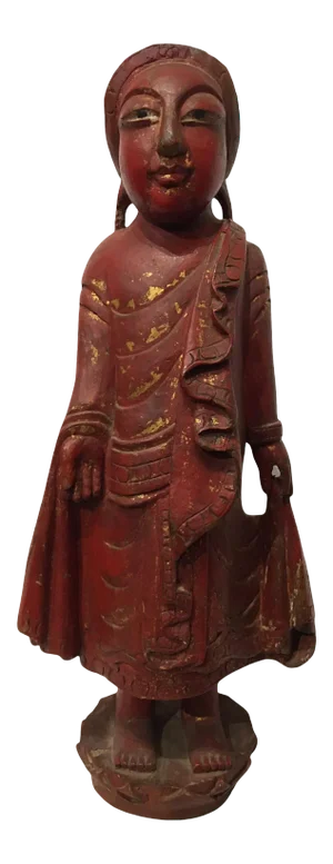 South East Asian Laos Caved Wood Red Lacquer Gold Gilt Vintage Buddha