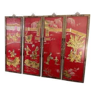 Stunning Vintage Four-Panel Chinese Red Lacquer Wall Art – Summer Lotus Harvest Theme For Sale