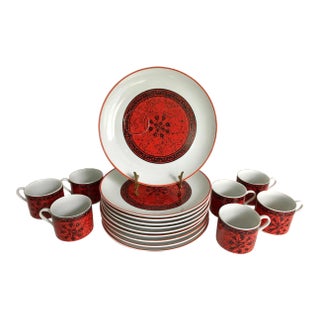 1950s Greek Inspired Blood Orange Plate & Mug Set of 17 For Sale