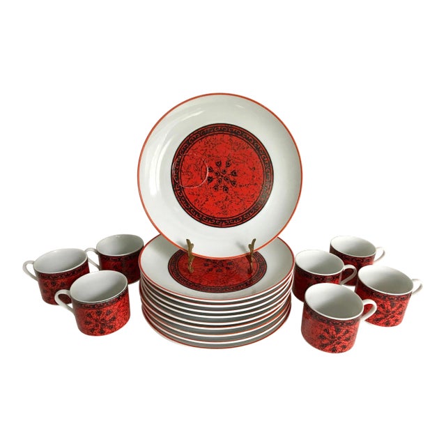 1950s Greek Inspired Blood Orange Plate & Mug Set of 17 For Sale
