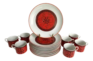 1950s Greek Inspired Blood Orange Plate & Mug Set of 17