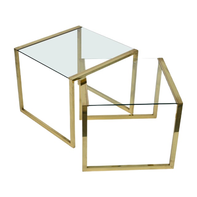 Mid-Century Italian Brass & Crystal Glass Nesting Tables, 1970s, Set of 2 For Sale