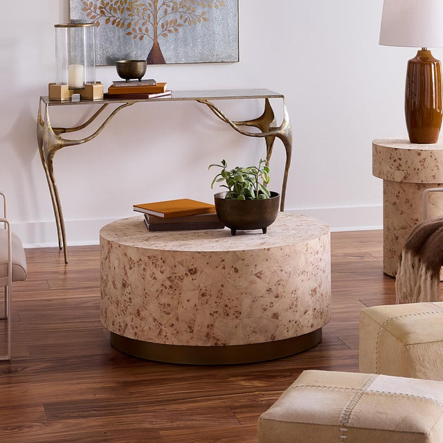 Configuration Coffee Table, Bleached Burl Wood Artisans mosaic small pieces of lightly finished burl wood veneer together...