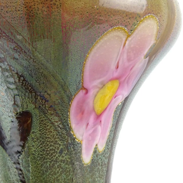 Late 20th Century Vintage Murano Large Pink Flowers on Green Opalescent Chalcedony Technique Italian Art Glass Decorative Vase For Sale - Image 5 of 9