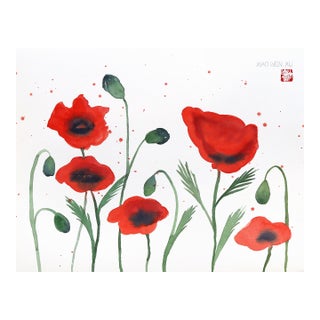 Poppies II - Original Red Floral Still Life Watercolor Painting on Paper For Sale