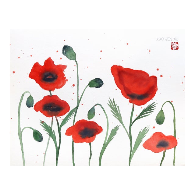 Poppies II - Original Red Floral Still Life Watercolor Painting on Paper For Sale