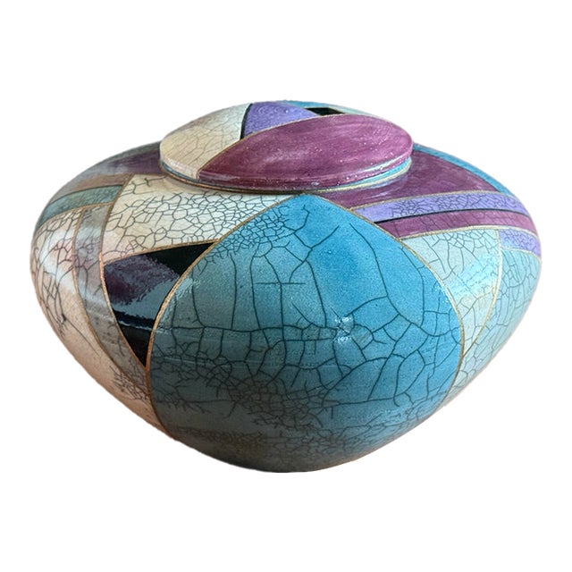 1998 Postmodern Mindy Brunn Handmade Geometric Signed and Dated Raku Ceramic 10" Centerpiece Lidded Vessel / Art Pottery For Sale