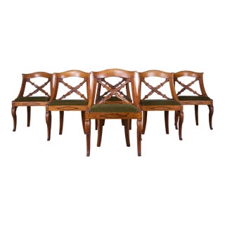 Antique French Louis Philippe Style Gondola Oak Dining Chairs W/ Green Velvet - Set of 6 For Sale