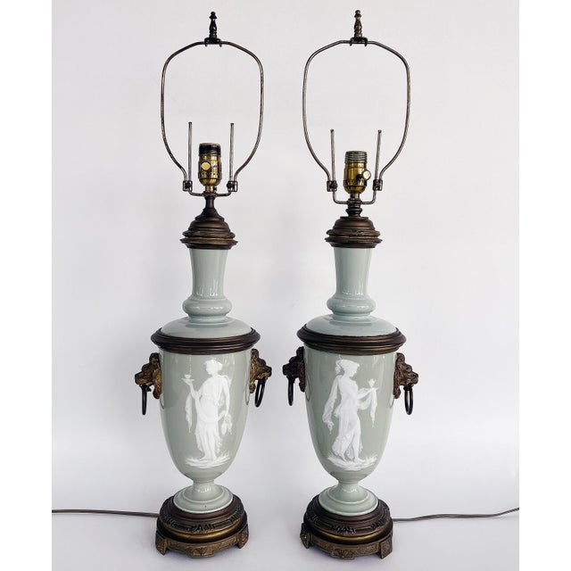 Late 19th Century French Celadon Pâte-Sur-Pâte Porcelain Lamps With Custom Shantung Silk Shades - a Pair For Sale - Image 10 of 18