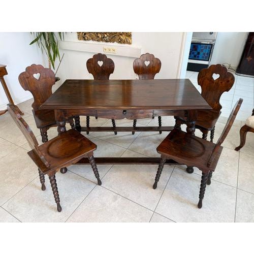 Brown Rustic Farmhouse Dining Table and Chairs in Pine, Set of 7 For Sale - Image 8 of 8