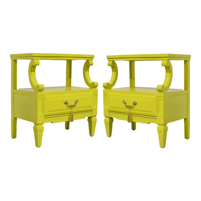 Mid Century Nightstands in Chartreuse Serenata Collection by Kent Coffey - Newly Painted For Sale
