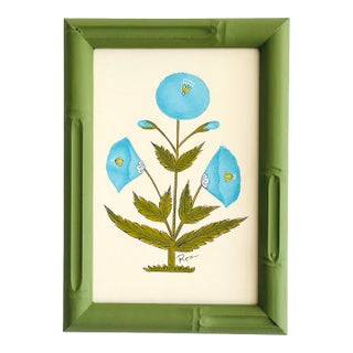 Original Hand-Painted Blue and Green Floral Motif Painting in a Hand-Painted Frame For Sale