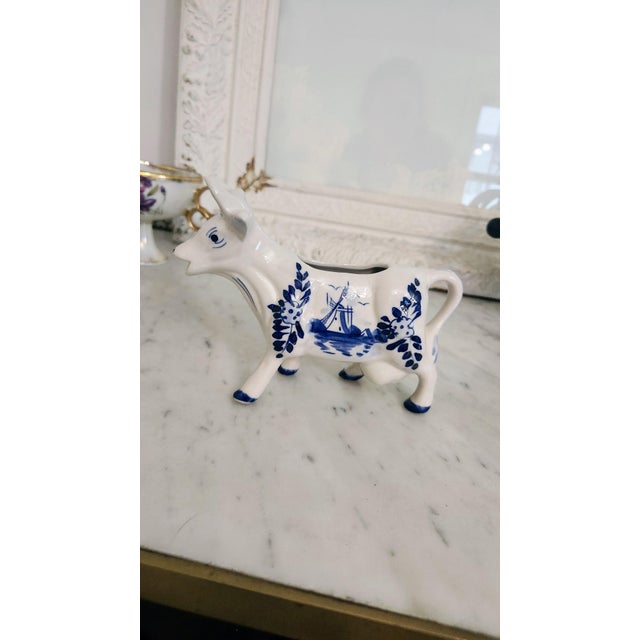 Farmhouse Vintage Dutch Delft Blue Hand-Painted Cow Creamer For Sale - Image 3 of 12