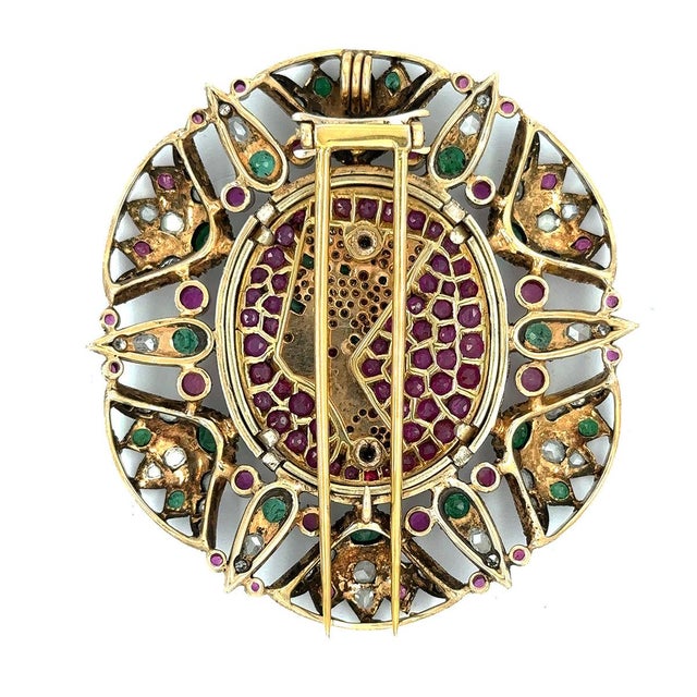 14k Emerald, Pink Sapphire and Diamond Egyptian motif brooch. 40.12 grams