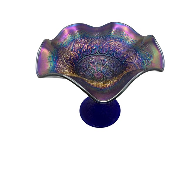 An antique Hearts and Flowers pattern blue carnival glass footed compote by Northwood Glass Co., ca. 1900-1910. The...