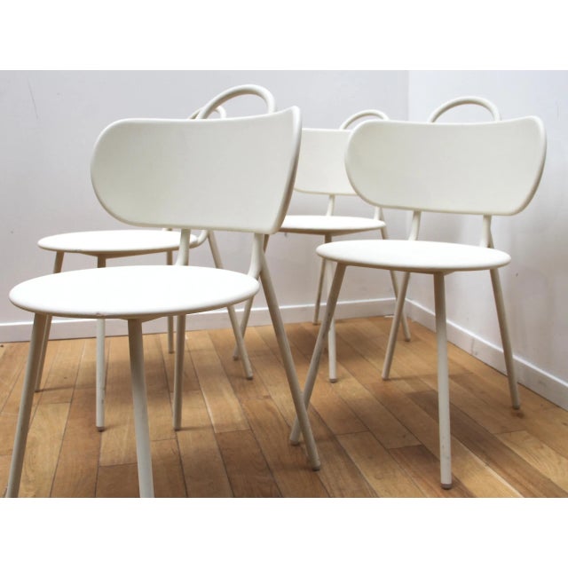 Suite of 4 Bibelo Swim designer chairs by Margaux Keller. Entirely in white tinted metal. Stackable chairs. Seat height...
