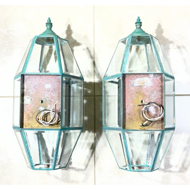 Exquisite Pair of Vintage Solid Brass Hexagonal Wall Lanterns For Sale - Image 13 of 17