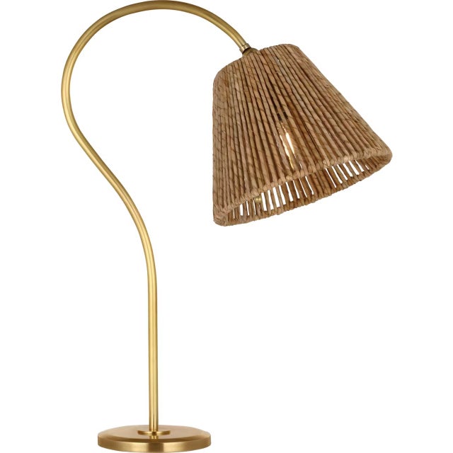 Transitional Amber Lewis by Visual Comfort Signature Dume 24" Arched Table Lamp in Hand-Rubbed Antique Brass with Natural Abaca Shade For Sale - Image 3 of 3
