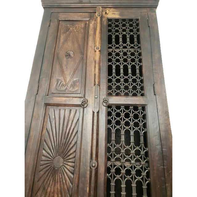 1920s Antique Hand-Carved Wood Wardrobe with Carved Doors and Iron Grille, Bali, Indonesia, 1920s For Sale - Image 5 of 18