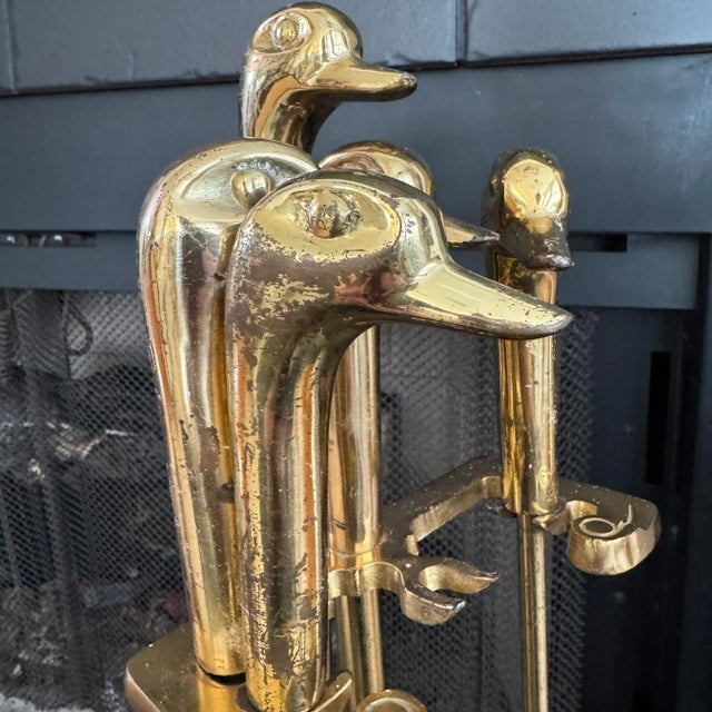1970s Vintage Brass Mallard Duck Fireplace Tool Set: 5-Piece Figural Fire Tools For Sale - Image 5 of 10