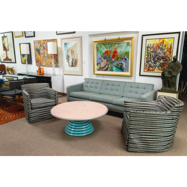 Wood Post Modern Memphis Style Pink & Teal Circular Coffee Table With Graphic Top For Sale - Image 7 of 7