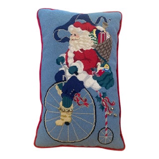Late 20th Century Santa Claus on Penny Farthing Bicycle Needlepoint Pillow For Sale