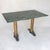 Dark and light green marble rectangular table with bronze pedstal bases. Feet are likely made of iron.