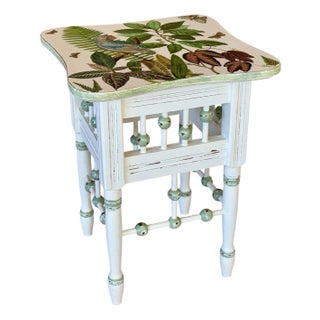 Vintage Custom Painted Tropical Decoupage Spindle Side Table For Sale