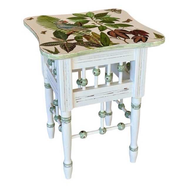 Vintage Custom Painted Tropical Decoupage Spindle Side Table For Sale