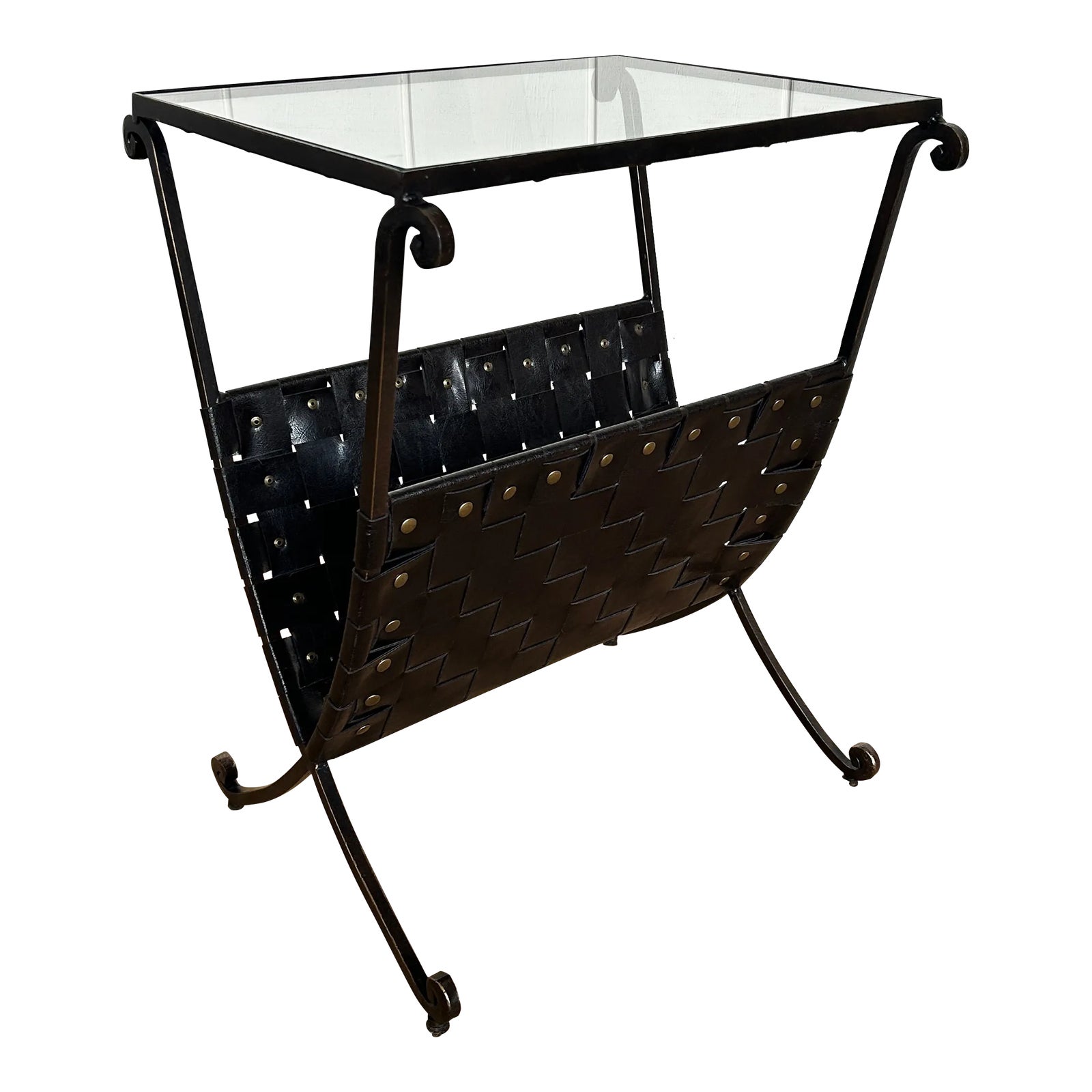 1990’s Steel/Glass/Faux Leather Side Table, Magazine Rack | Chairish