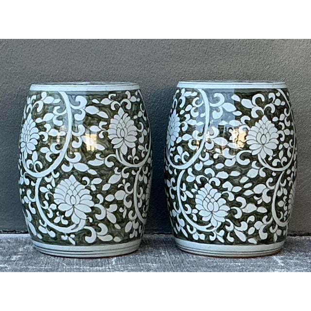 Olive Vintage Glazed Ceramic Floral Garden Stool - A Pair For Sale - Image 8 of 12