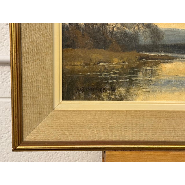 Winter Evening Ducks Flying over Water - English Countryside Vintage British Art 1979 For Sale - Image 13 of 15