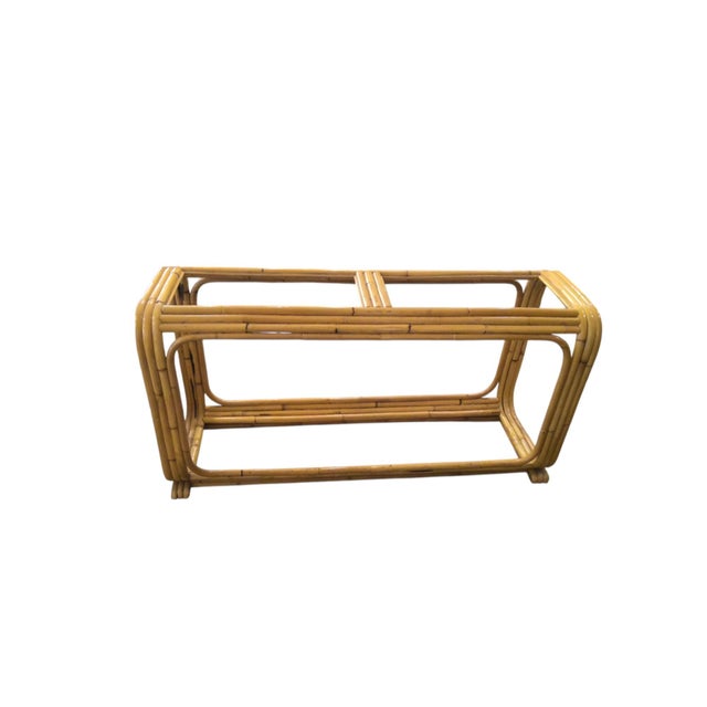 Mid-Century Modern Rattan Console Table With Smoked Glass Inserts For Sale - Image 3 of 9
