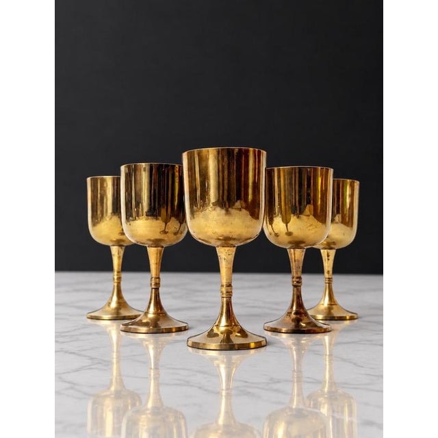 Vintage Brass Wine Goblets with Worn Silvered Interiors, 1960s, Set of 5 For Sale - Image 12 of 13