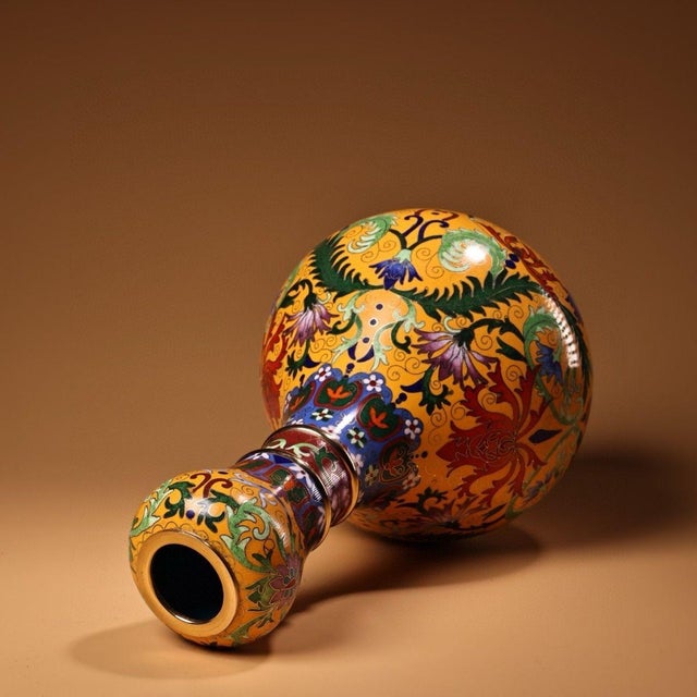 Metal Vintage Chinese Gilt Copper Cloisonné "Garlic-Mouth" Floral Vase - 1360g For Sale - Image 7 of 10