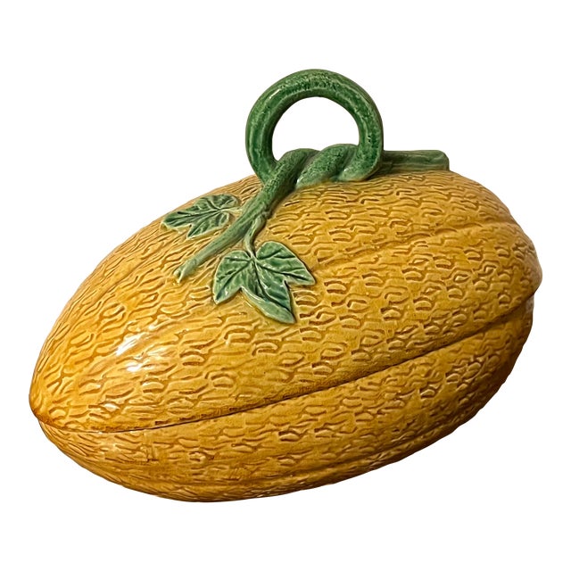 Portuguese Melon Form Majolica Tureen or Box With Vine & Leaf Handle For Sale