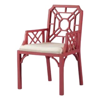 Fabulous Lilly Pulitzer Pink Chinese Chippendale Dining Arm Chairs or Accent Chairs - A Pair For Sale