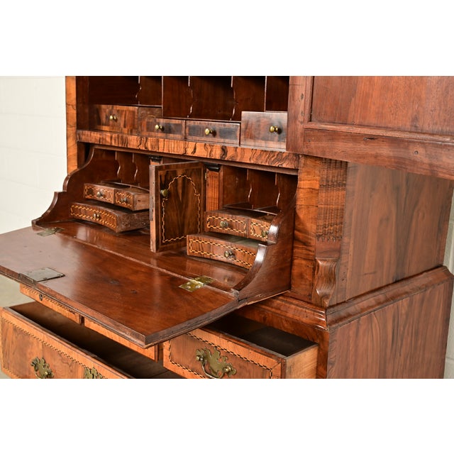 Brown 18th Century Antique English William & Mary Banded Walnut Mirror Front Secretary Desk With Bookcase Hutch For Sale - Image 8 of 17